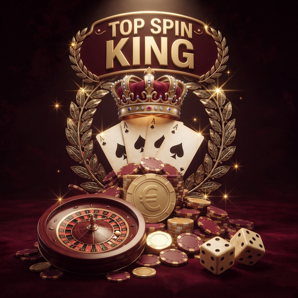 Top Spin King — luxurious casino illustration with a golden crown, aces, roulette wheel, dice and chips
